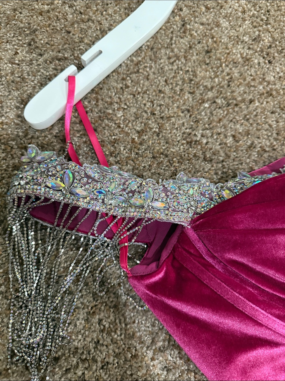 Portia and Scarlett Off-Shoulder Fuchsia Velvet Evening Gown with Beaded Fringe - Picture 3 of 13